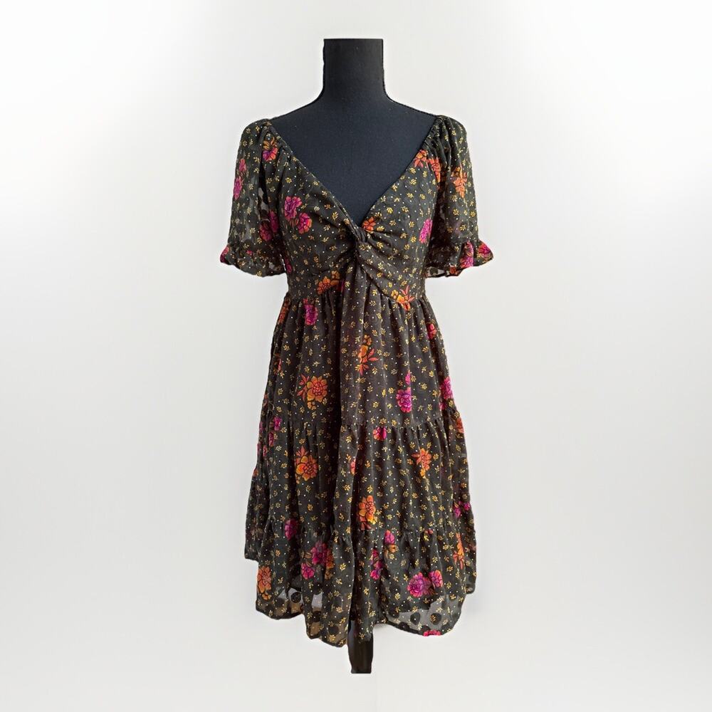 Womens Dark Floral Burnout Velvet Dress Milkmaid Fairy Babydoll Tiered Skirt S